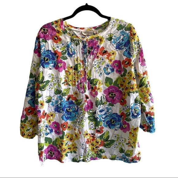 ORCHADIA CASUALS Vintage Linen Floral Print Blouse White M - Picture 1 of 7